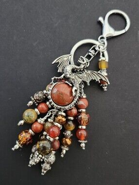 Dragon Purse Charm Red Jasper Tigers Eye Rhodonite Agate Handcrafted